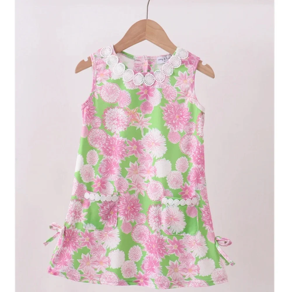 Pink & Green Floral Lace Shift Dress Girls Sz 6 NWT Tie Side Embroidered Collar